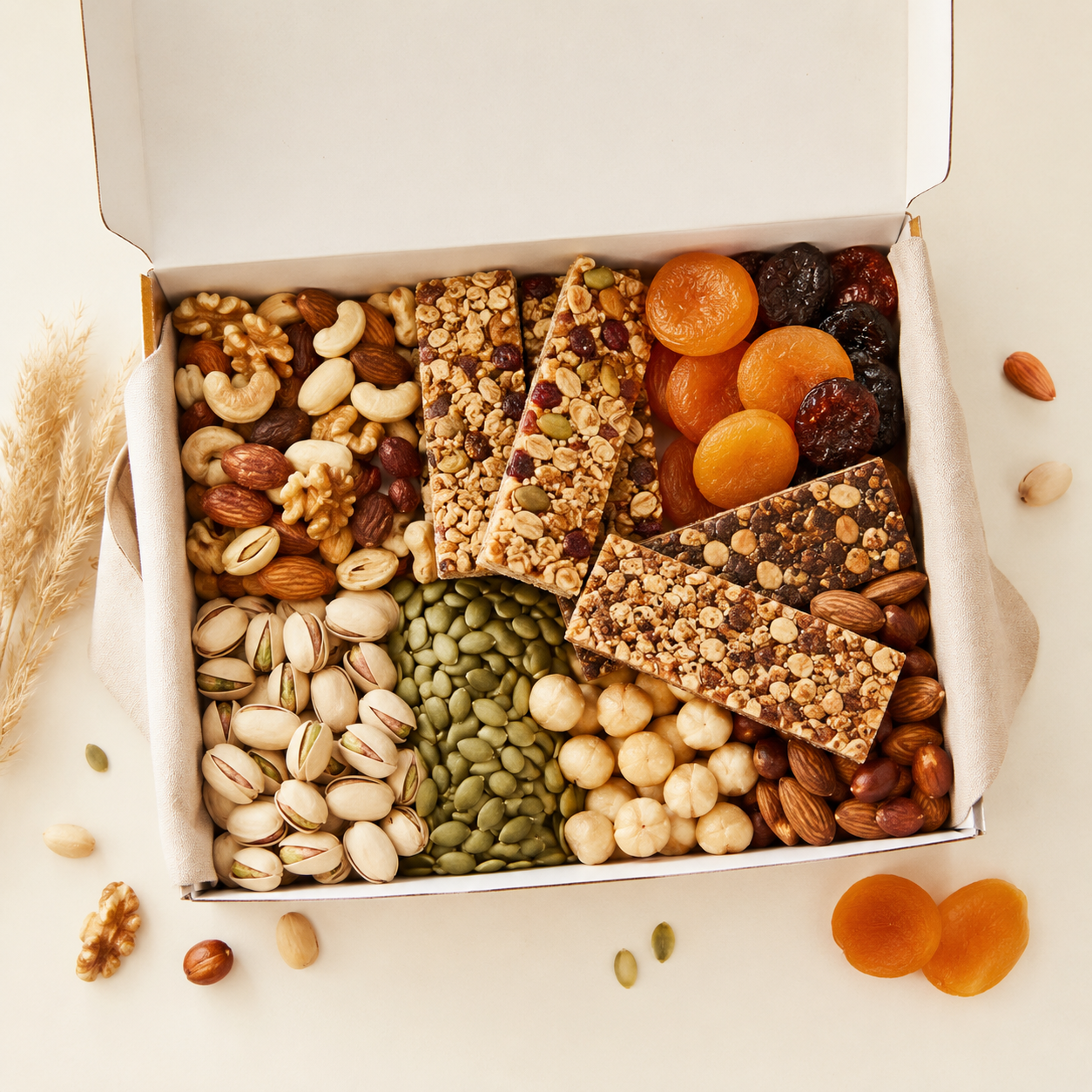 Better-For-You Box — Nuts, seeds, no-added-sugar and higher-protein bars and dried fruit.