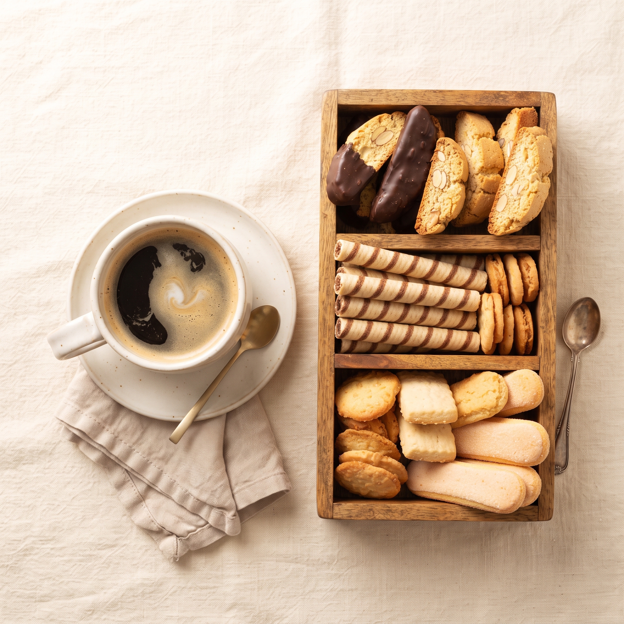 Coffee Break Box — Dunking biscuits, wafers and crisp Italian-style biscotti (no alcohol).