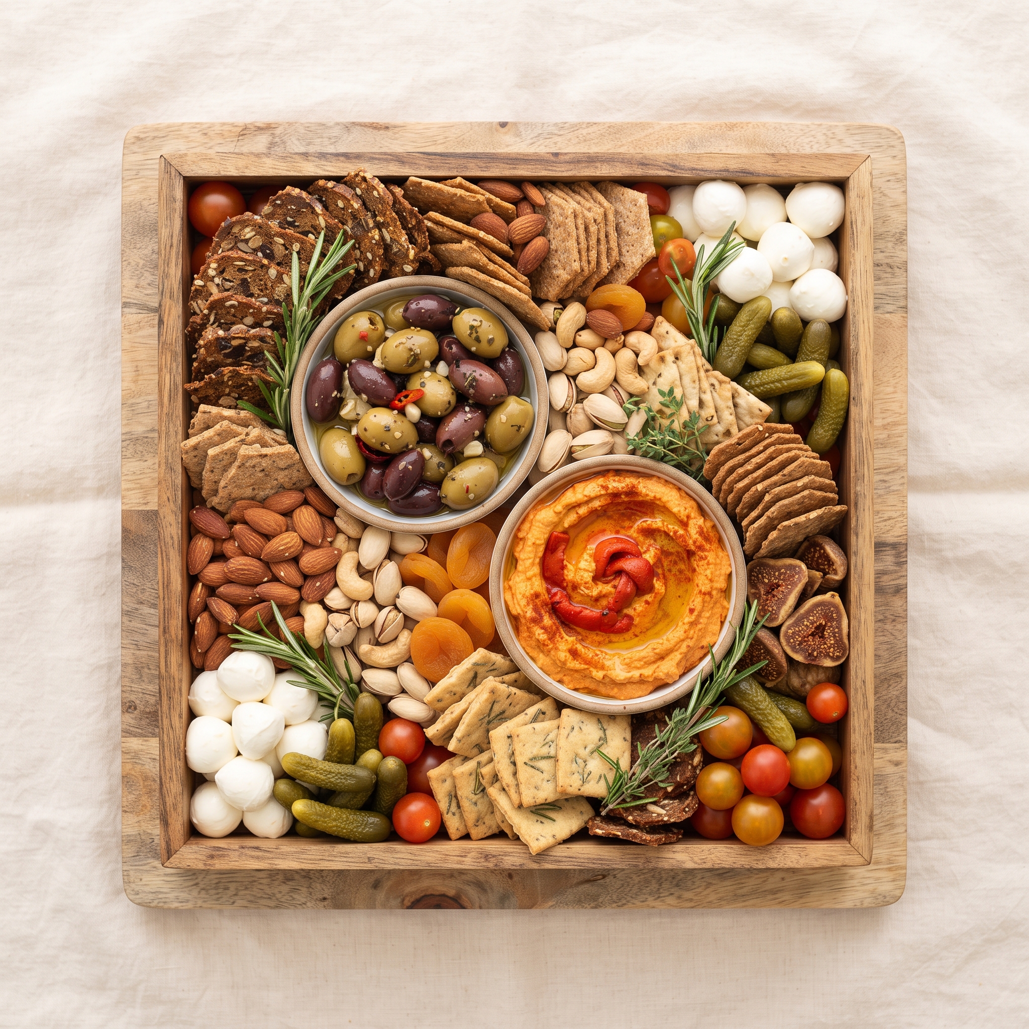 Grazing Board Box — Savoury crackers, shelf-stable dips, olives and nuts for guests (no alcohol).