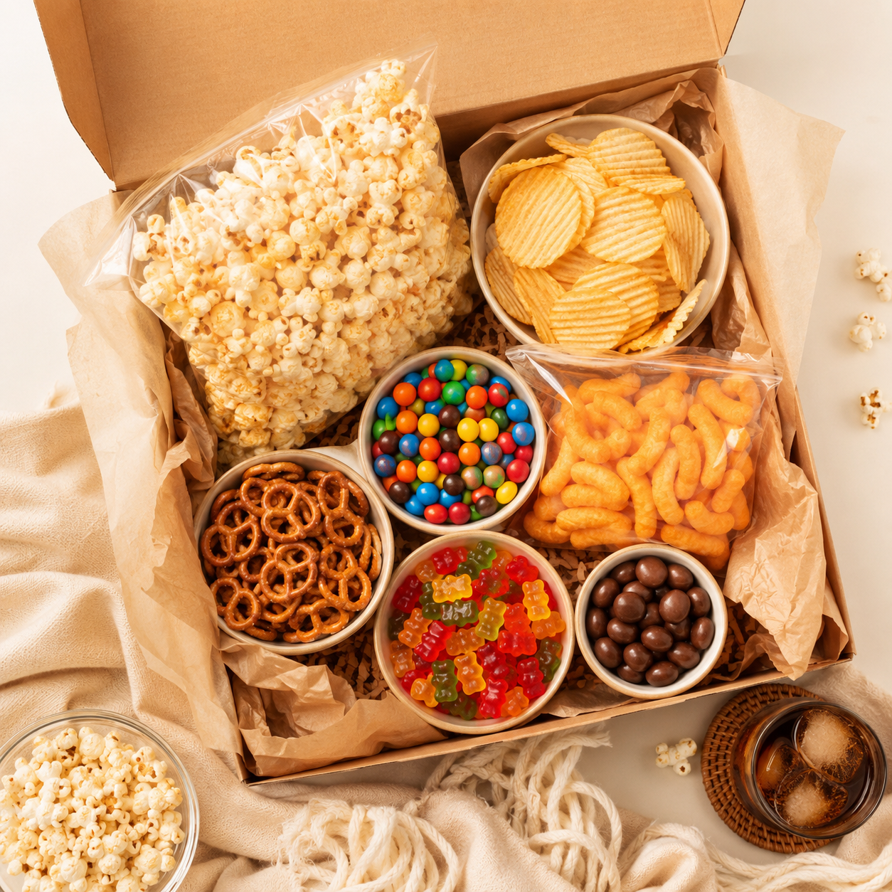 Movie Night Box — Big popcorn bags, sharing candy and crisps for a night in.