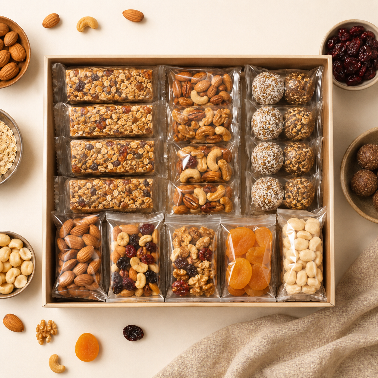 Office Fuel Box — Individually wrapped bars, mixed nuts and grab-and-go bites.