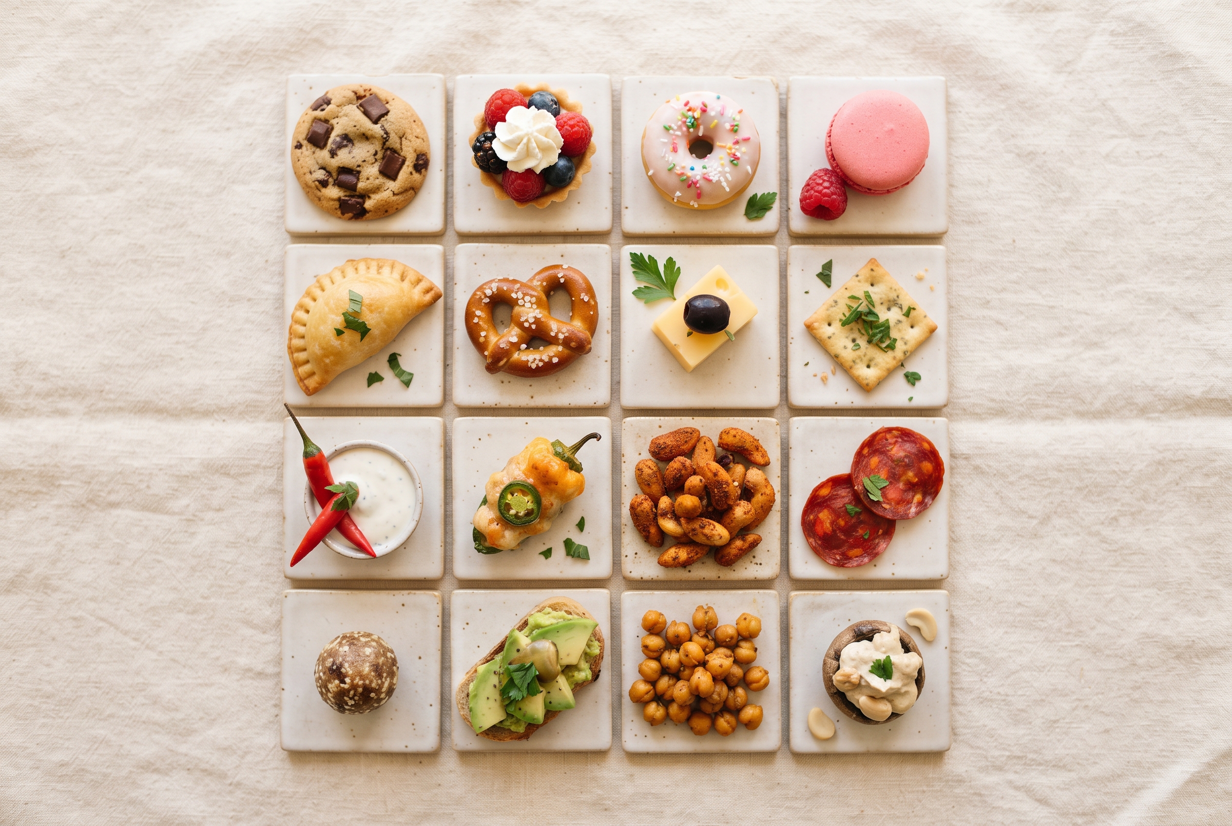 A grid of taste tiles representing sweet, savoury, spicy and vegan snack preferences