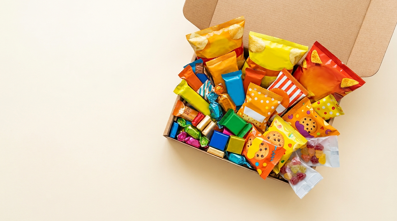 An open Moreish snack box overflowing with colourful packaged treats on a warm cream backdrop