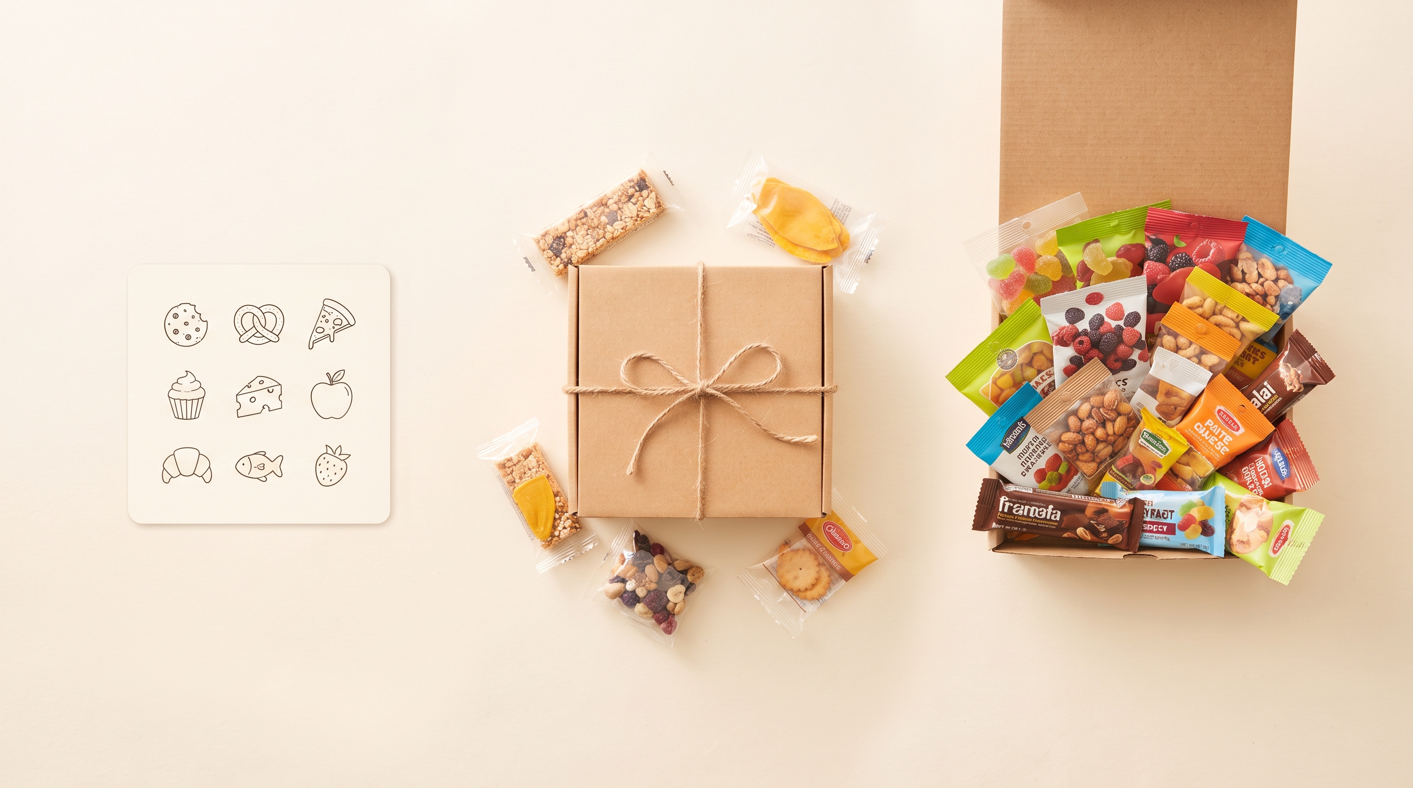Illustration of the Moreish three-step flow: taste quiz, matching, and a full snack box