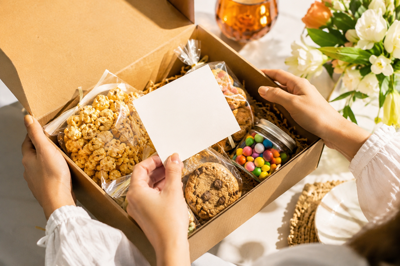 Hands opening a Moreish snack gift box revealing colourful treats