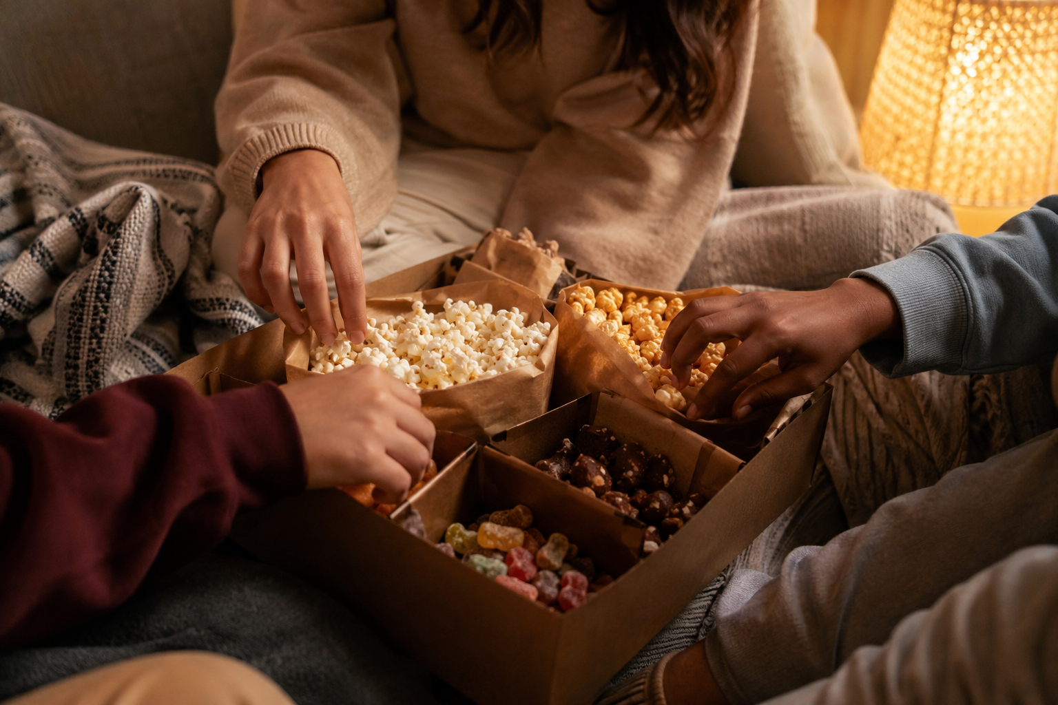 Hands reaching into a shared snack box during a cosy movie night