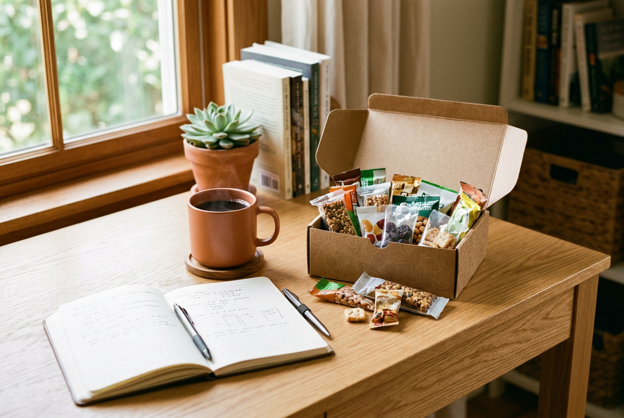 An open snack box on a tidy office desk beside a notebook and coffee